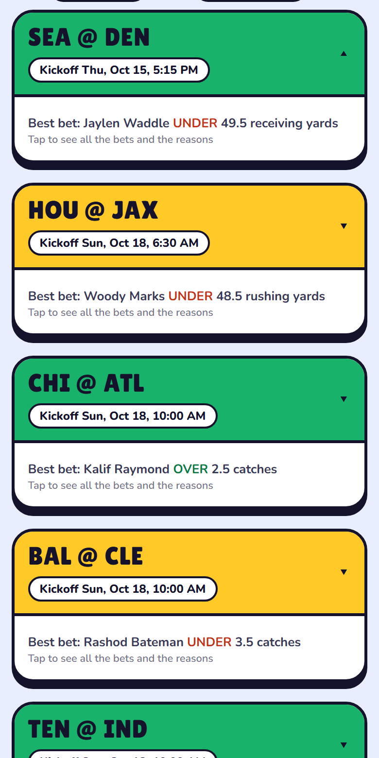 The week at a glance, one row per game